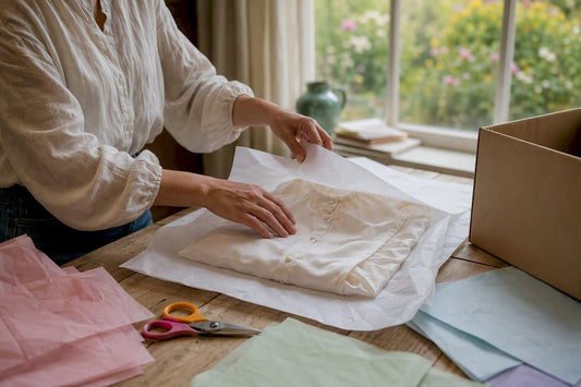 Voorzichtige handen pakken een zijden blouse zorgvuldig in vloeipapier.