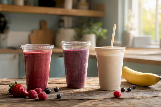 Een rijtje verschillende smoothiebekers op het aanrecht