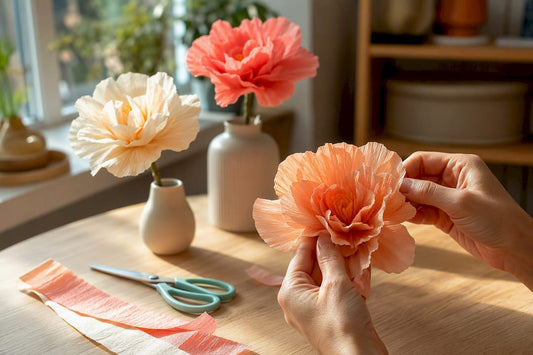 Handen maken bloemen van crêpepapier