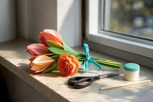 Handgemaakte papieren bloemen met knutselmaterialen