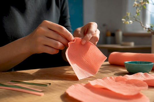 Handen vormen een rozenblaadje van crêpepapier