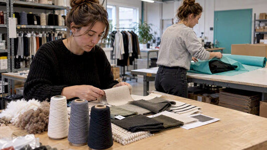 Textielstalen en een kledingstuk verpakt in vloeipapier