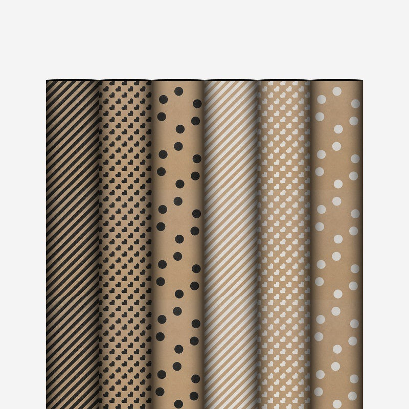 Assorti 6 rollen inpakpapier bruin kraft met strepen / stippen /hartjes - 70cm x 2m - FSC Mix - consumentenrol