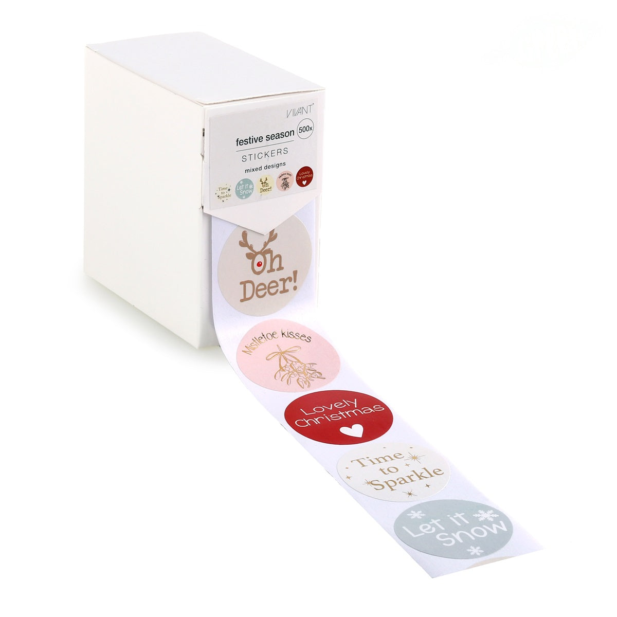 Rol kerststickers met teksten in dispenserdoos - Kadopapier.net