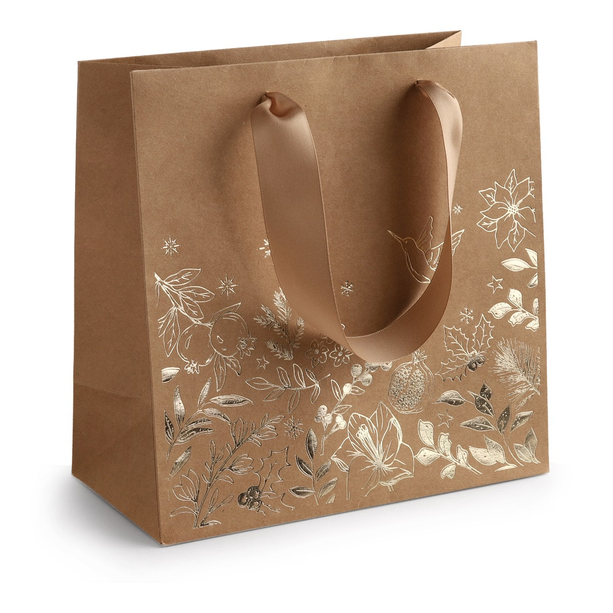 Kraft kerstdraagtas met goudfolie bloemen, 20 x 20 x 8 cm - Kadopapier.net