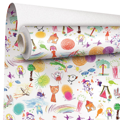 Enfance rol inpakpapier met kindertekeningen op wit - Kadopapier.net