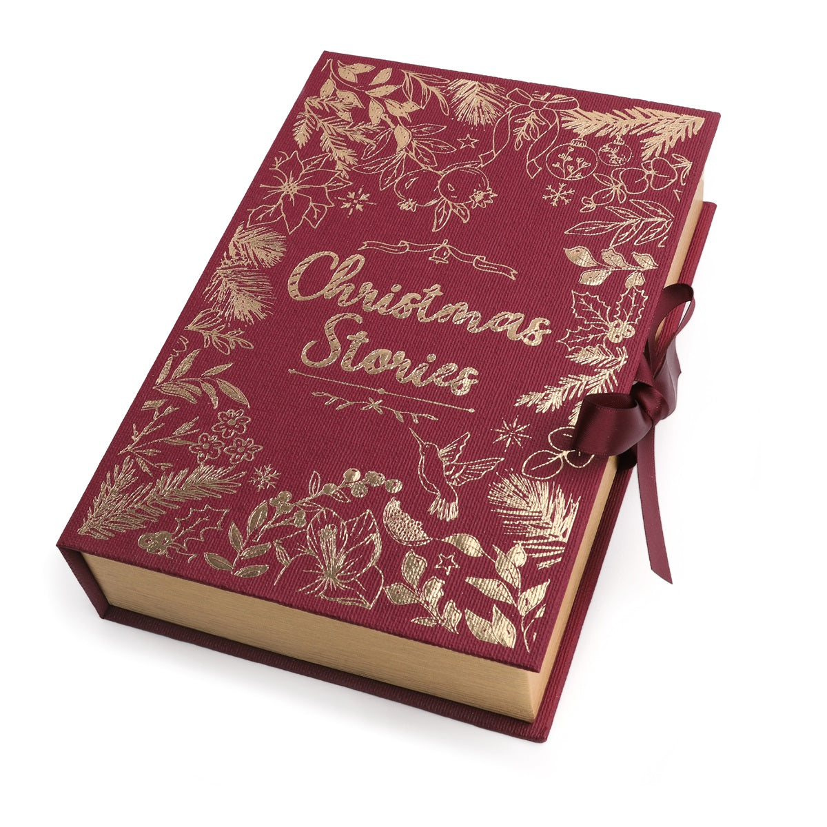Kerst geschenkdoos in boekvorm, bordeaux met goudfolie en satijnlint - Kadopapier.net