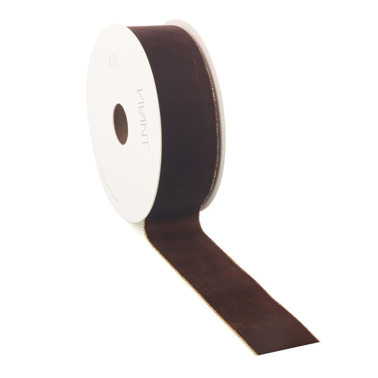 Velvet Band Braun mit Goldrand - Einseitiger Samt - Luxus Dekoband - 3 Breiten