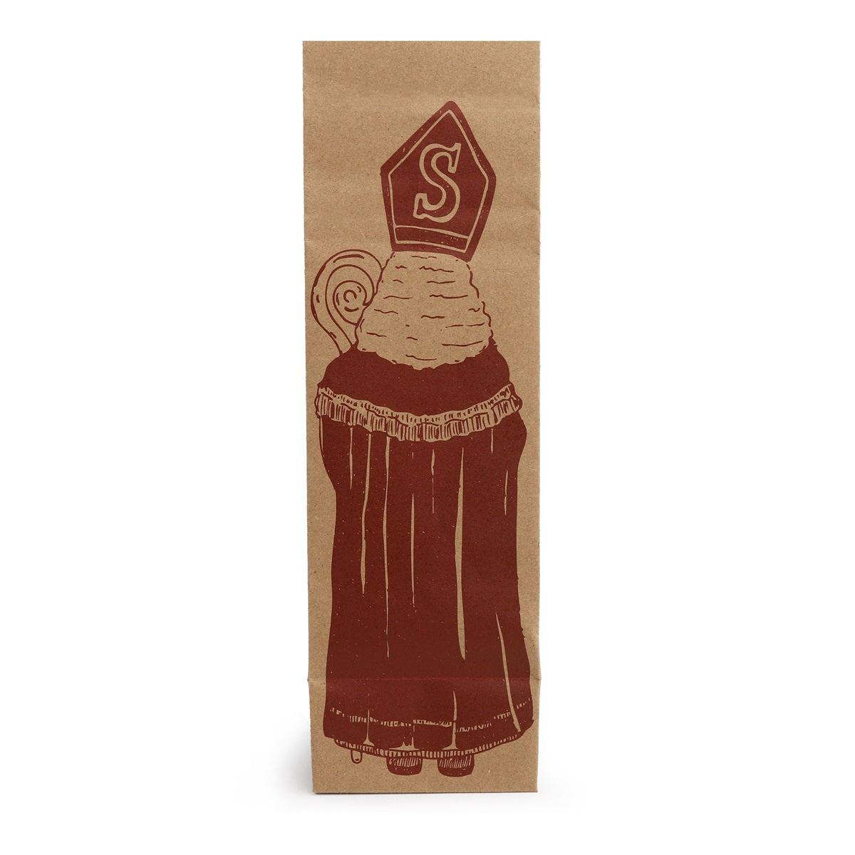 Achterkant van het Sintzakje kraft met Sinterklaas van achteren - Kadopapier.net