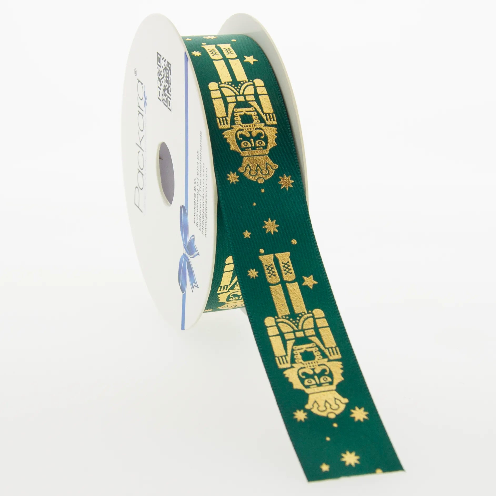 Kerstlint Satijn 'Nutcracker' – Groen met Gouden Notenkraker – Geweven Rand – 25mm x 20m