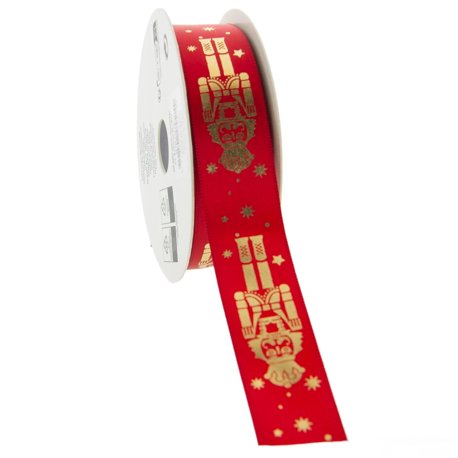 Kerstlint Satijn 'Nutcracker' – Rood met Gouden Notenkraker – Geweven Rand – 25mm x 20m