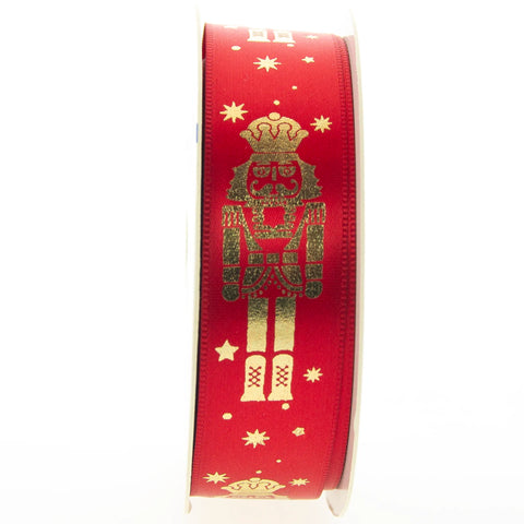 Kerstlint Satijn 'Nutcracker' – Rood met Gouden Notenkraker – Geweven Rand – 25mm x 20m