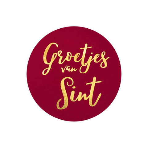 Sint etiket Groetjes van Sint Bordeaux/Goud - Kadopapier.net