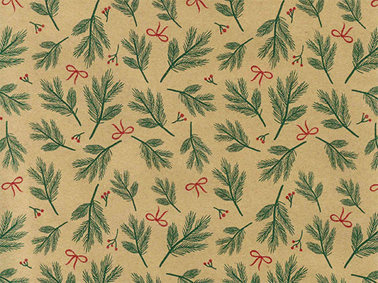 Bows & Berries rol kerstinpakpapier met dennentakken en strikjes op kraft - Kadopapier.net