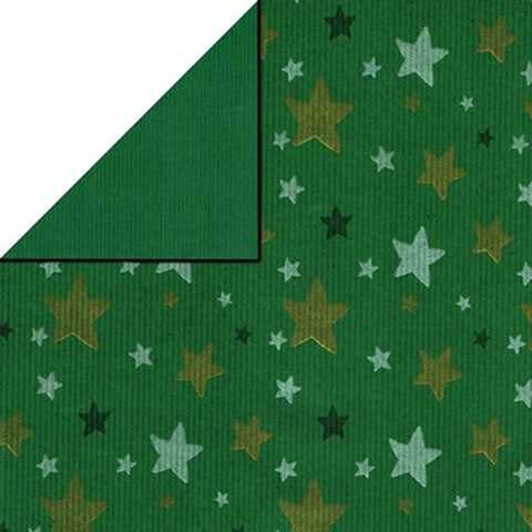 Kerst inpakpapier kraft groen met gouden en zilveren sterren - Kadopapier.net