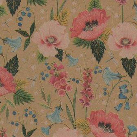 Kraft inpakpapier met klaprozen en wilde bloemen - Kadopapier.net