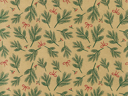 Kraft kerst inpakpapier Bows & Berries met dennentakken en strikjes - Kadopapier.net