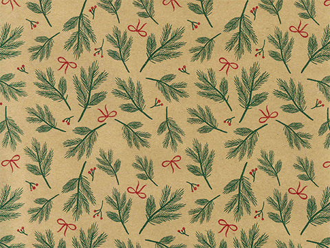 Kraft kerst inpakpapier Bows & Berries met dennentakken en strikjes - Kadopapier.net
