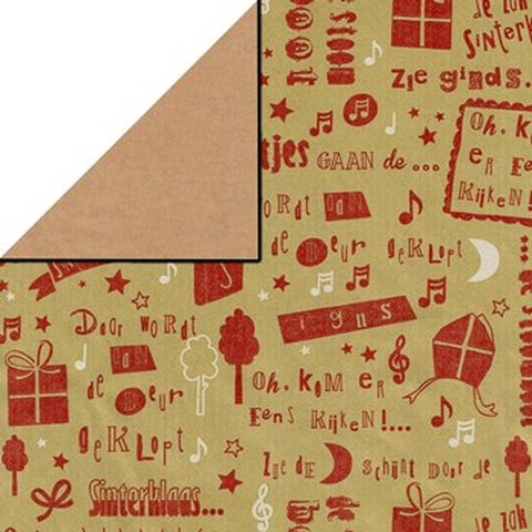 Sint inpakpapier kraft met rode en witte Sinterklaasliedjes