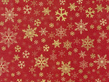 Snow Crystal rol kerstinpakpapier met gouden sneeuwkristallen op rood - Kadopapier.net