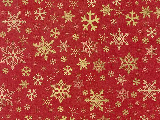 Snow Crystal rol kerstinpakpapier met gouden sneeuwkristallen op rood - Kadopapier.net