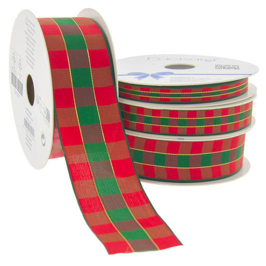 Red-Green Tartan Textile Ribbon with Gold &gt; 25mm, 38mm, 60mm | 1 Piece